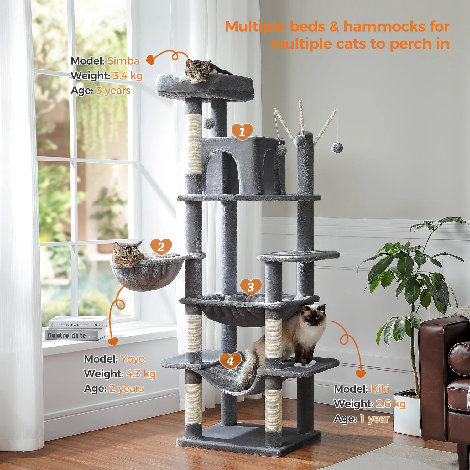 Sturdy Multi-Level Cat Tree Tower with Natural Sisal Scratching Posts,Cozy Hammock&Condo, Large Top Perch, and Fun Dangling Ball