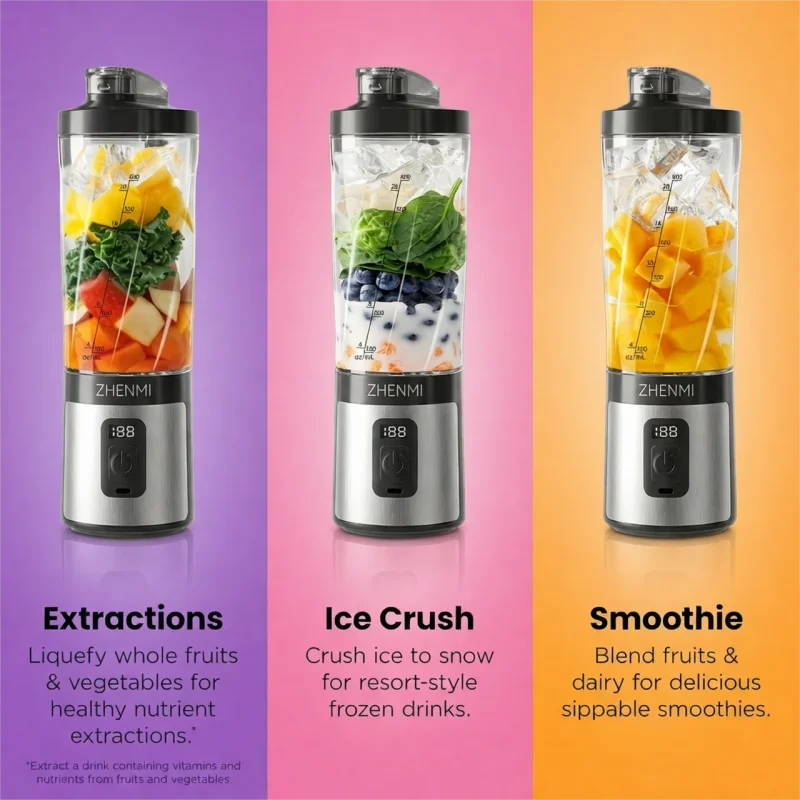 ZHENMI Personal Portable Blender with Digital Auto-Countdown Display, 20oz Leakproof Travel Cup with Guarded 6-Blade for Ice Cru