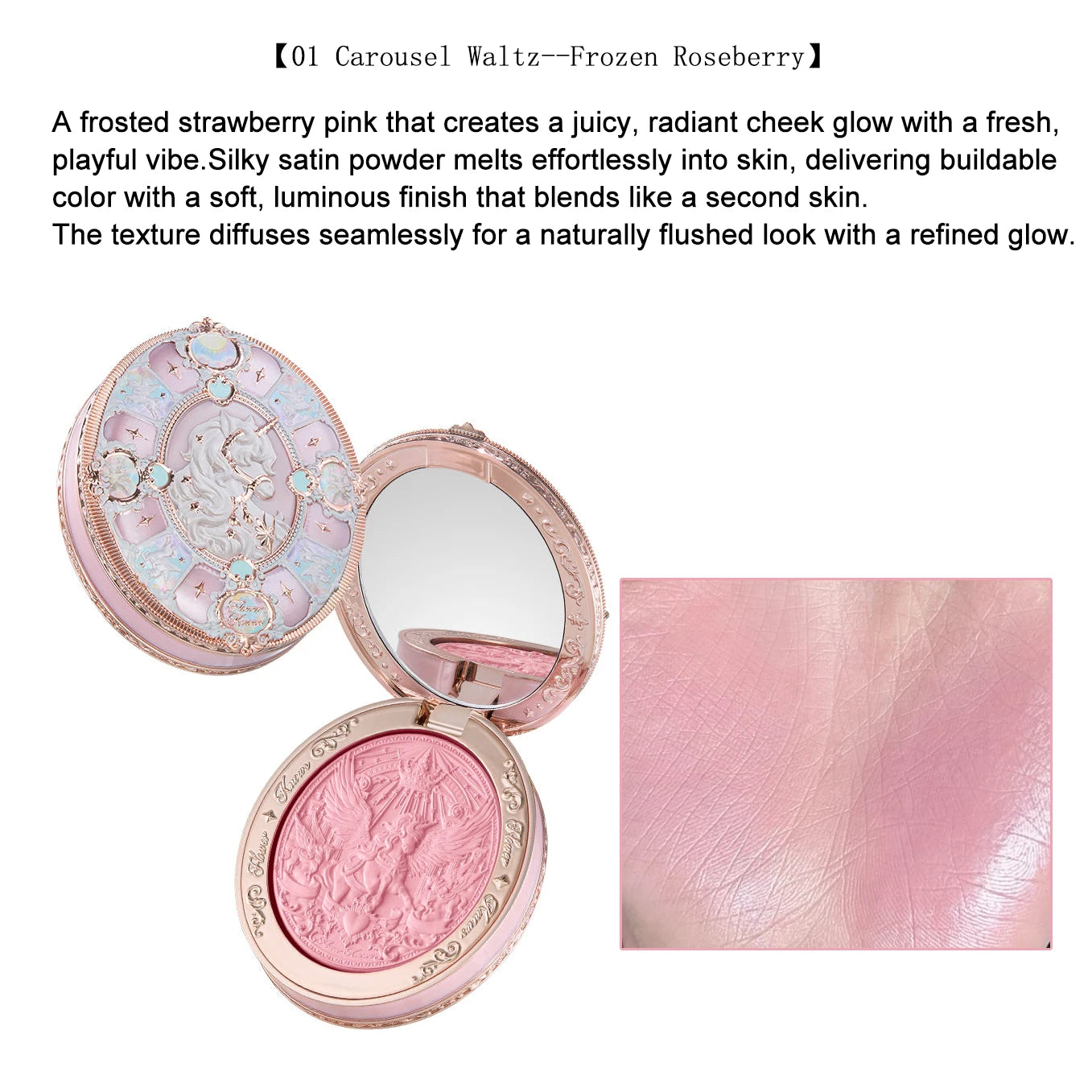 Flower Knows Knight Unicorn Satin Blush Silky Powder Melts Into Skin Long Lasting High Pigment Shimmer Natural Flushed Makeup