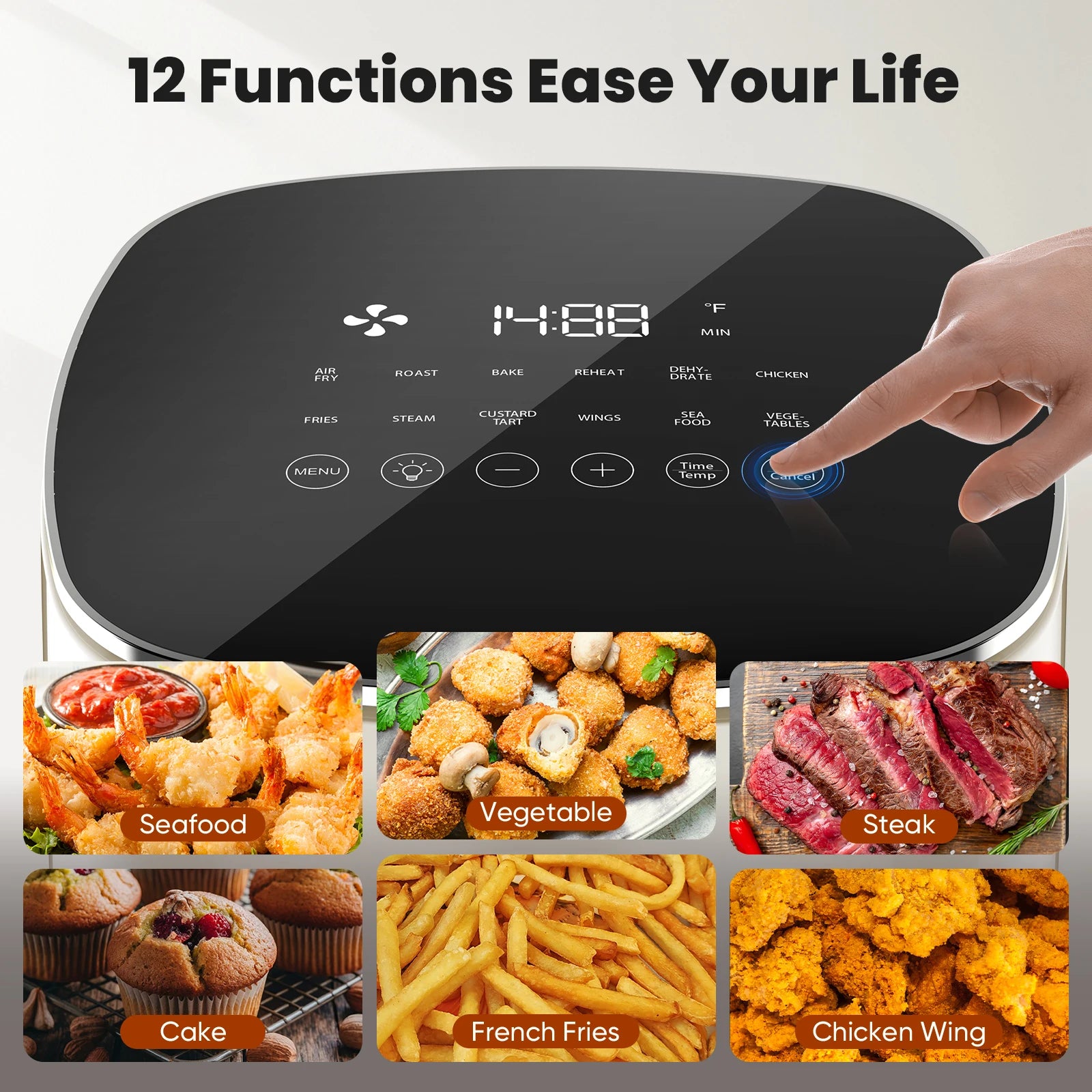 JHK 6 Quart Electric Air Fryer with Window Square Air Fryer 400F 12-in-1 Air Fry Roast Reheat Dehydrate Fries Custard Chicken Vegetabels and Keep Food Warm