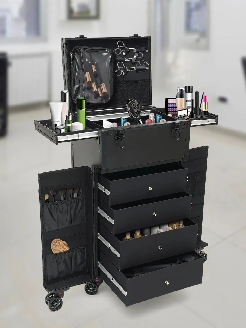 31.15inch Professional Rolling Makeup Case 4 Drawers Pro Makeup Artist Cosmetic Train Case Makeup Organizer Travel Case
