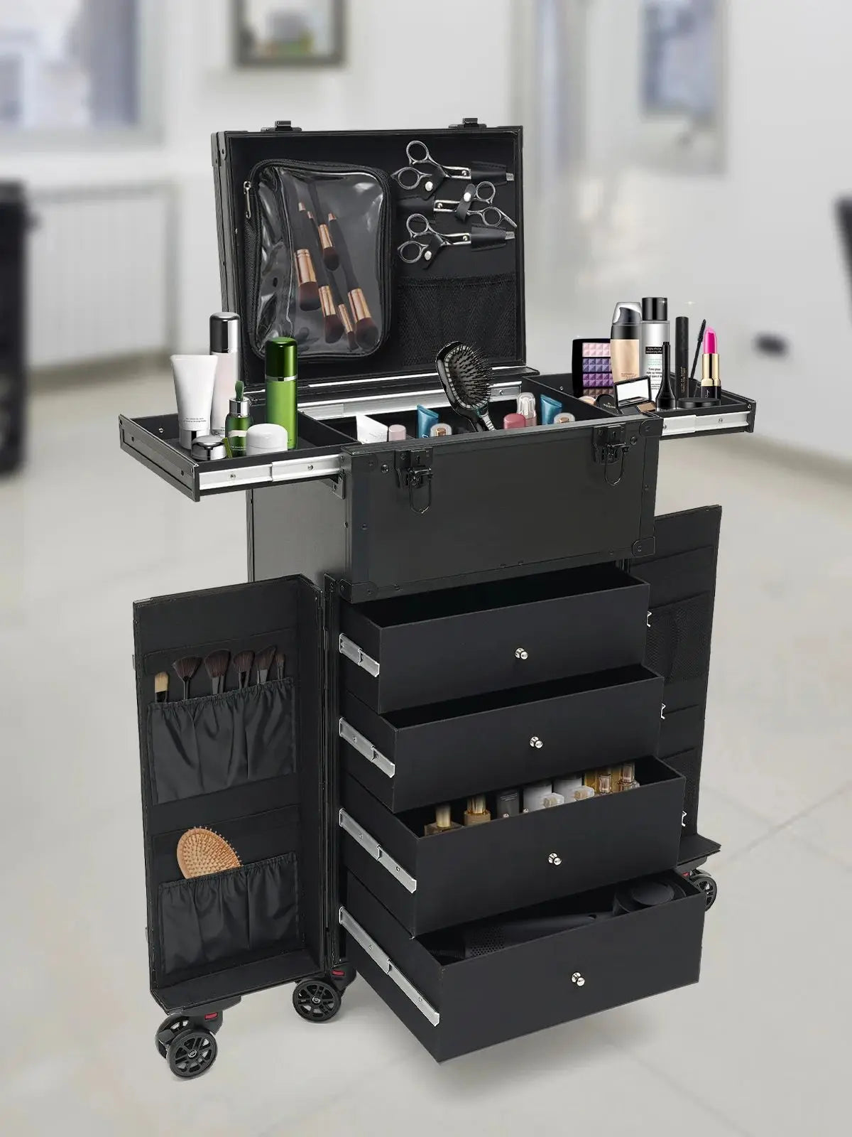31.15inch Professional Rolling Makeup Case 4 Drawers Pro Makeup Artist Cosmetic Train Case Makeup Organizer Travel Case