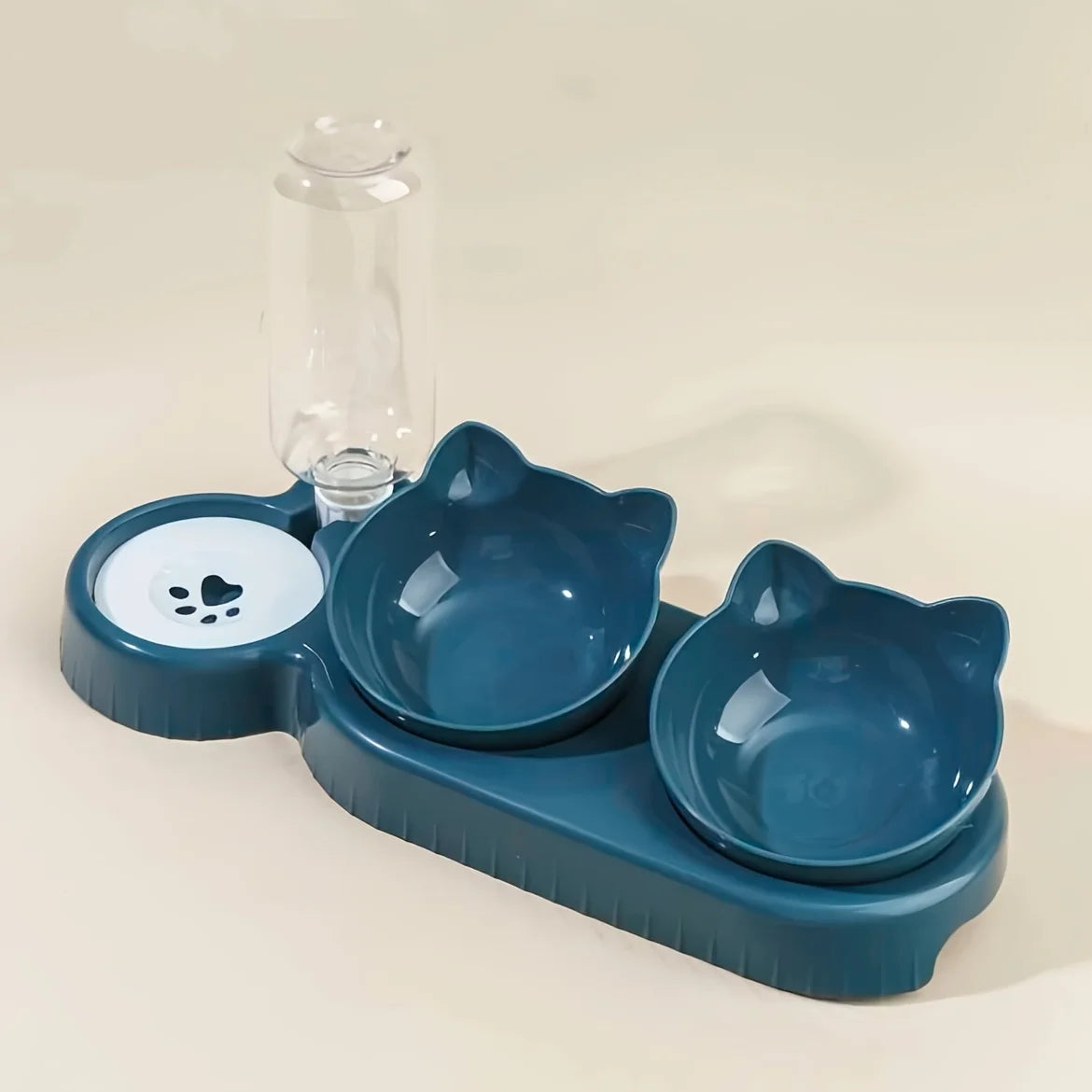 Pet Bowls With Water Feeder, 3 In 1 Ear Design Tilted Cat Water And Food Bowl 1Set With Gravity Water Bottle For Neck Protection