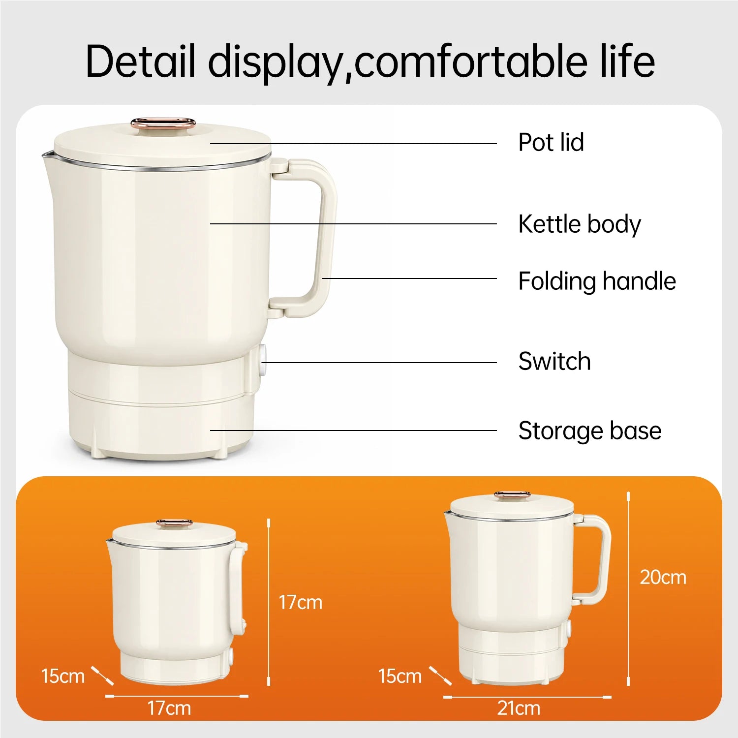 500W Electric Kettle with Stainless Steel Inner Lid, Suitable for Kitchen, Restaurant and Living Room, Used for Brewing Coffee, Milk and Boiling Water, Travel Folding Kettle