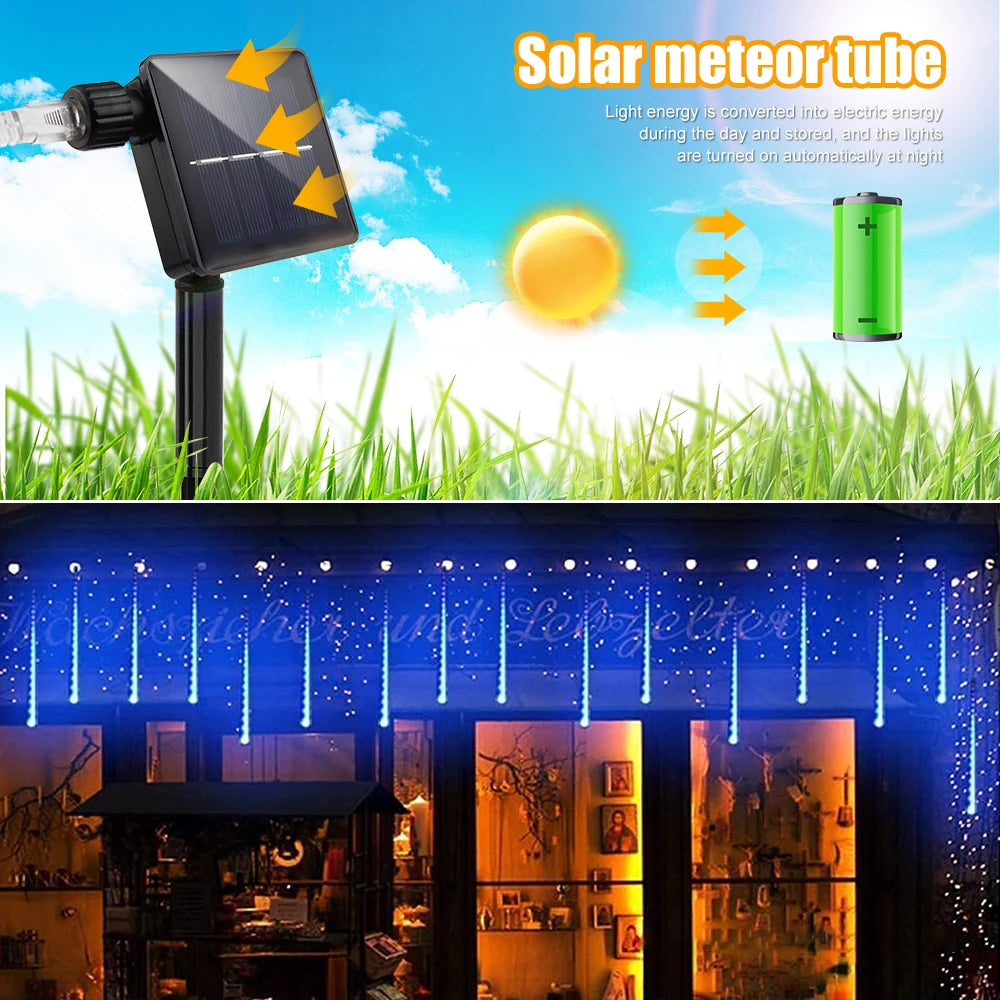 Christmas Lights Outdoor Solar Meteor Shower Lights 8 Tubes Xmas Tree Rain Drop Lights For Holiday Wedding Party Decorations