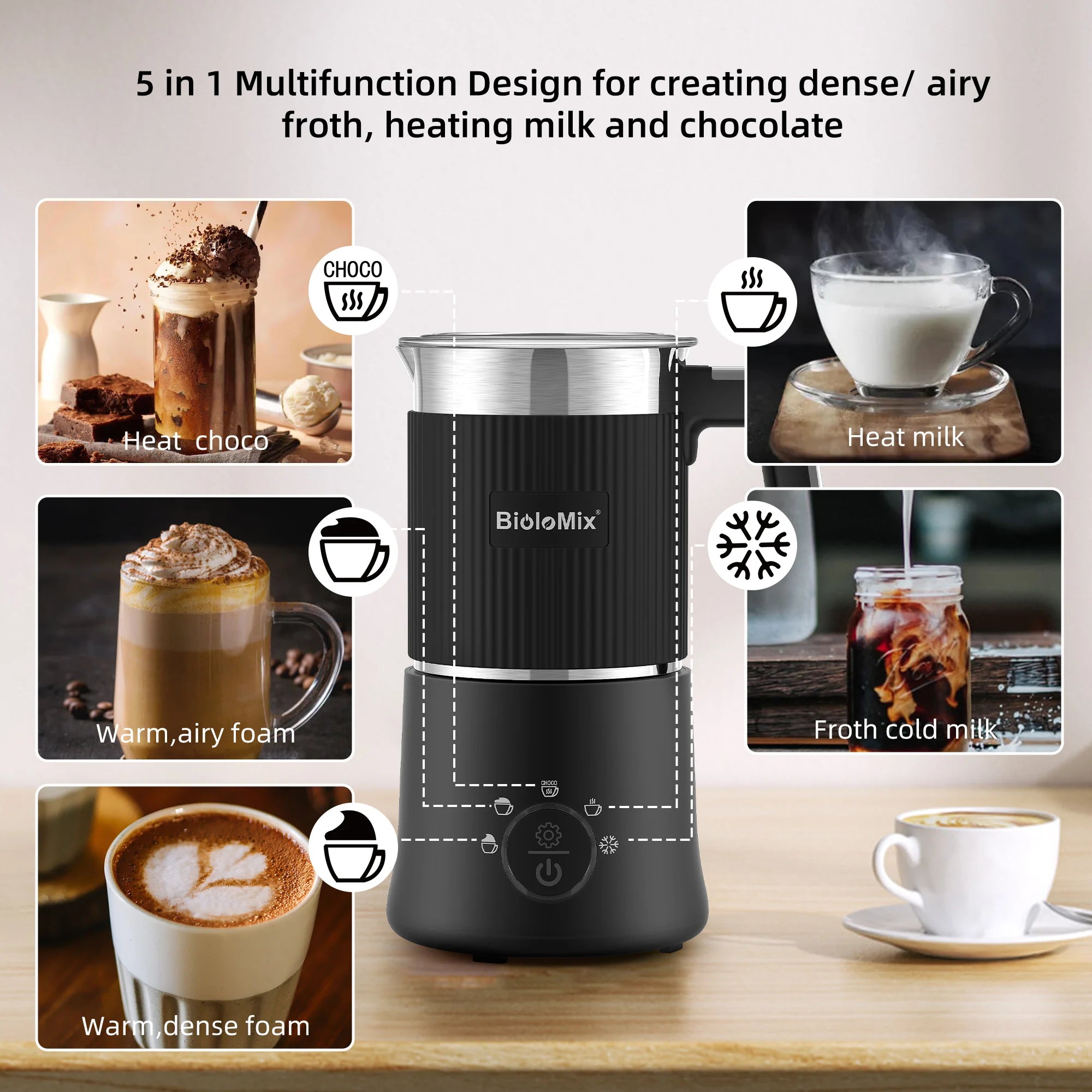 BioloMix 5-in-1 Detachable Milk Frother and Steamer，Automatic Hot/Cold Foam and Hot Chocolate Maker ,Dishwasher Safe