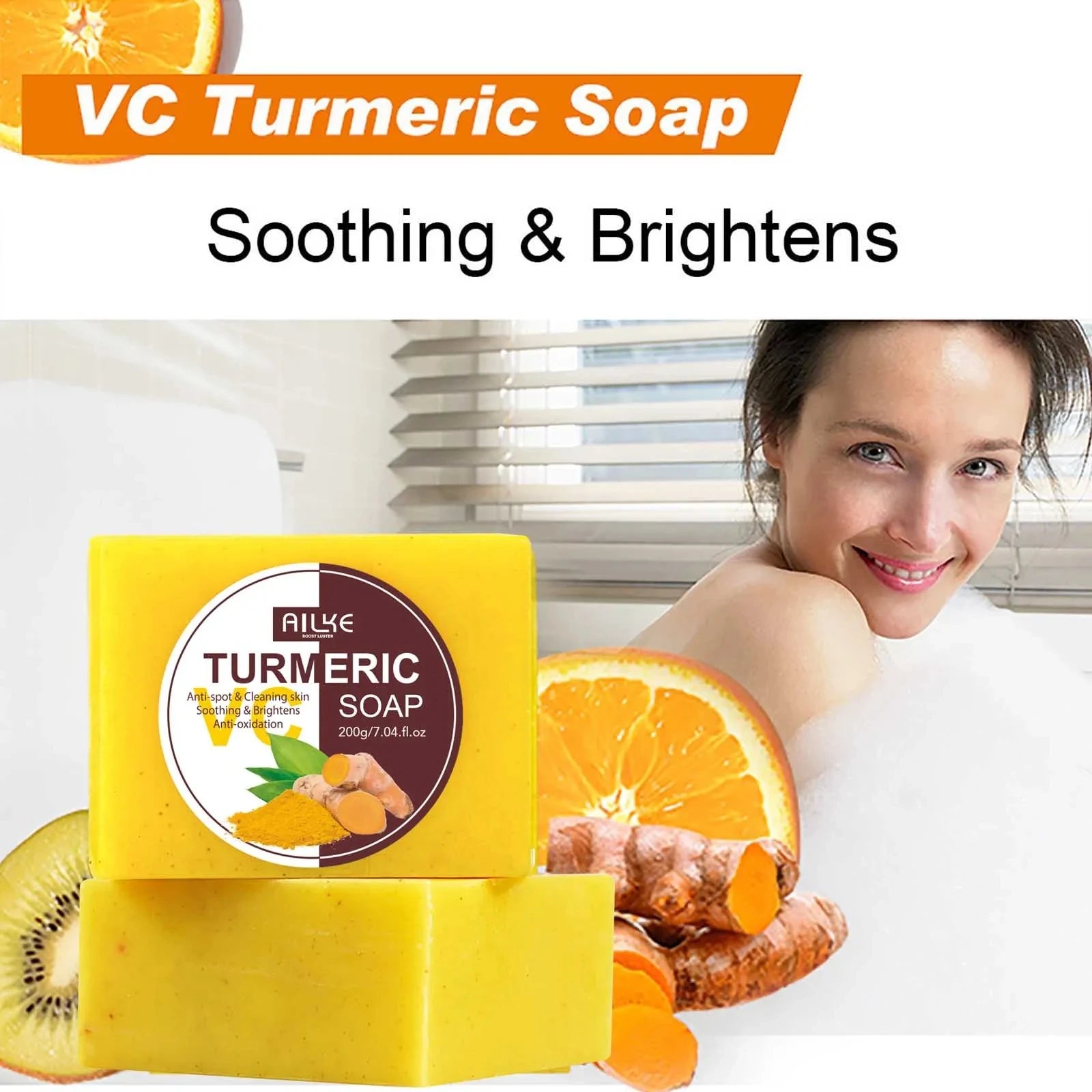 AILKE Natural Turmeric Bath Soap for Face, Body, Hands, Lightening, Cleaning, Even Skin Tone, Anti Dark Spots and Acne, 200g