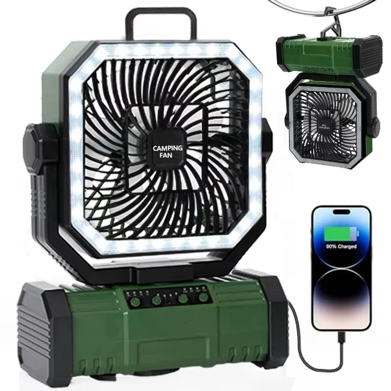 Outdoor Camping Fan 20000mAh Rechargeable Fan with LED Lantern & Remote for Fishing Travel, 4 Speeds 8H Timer, Hanging Hook Bluetooth Fan