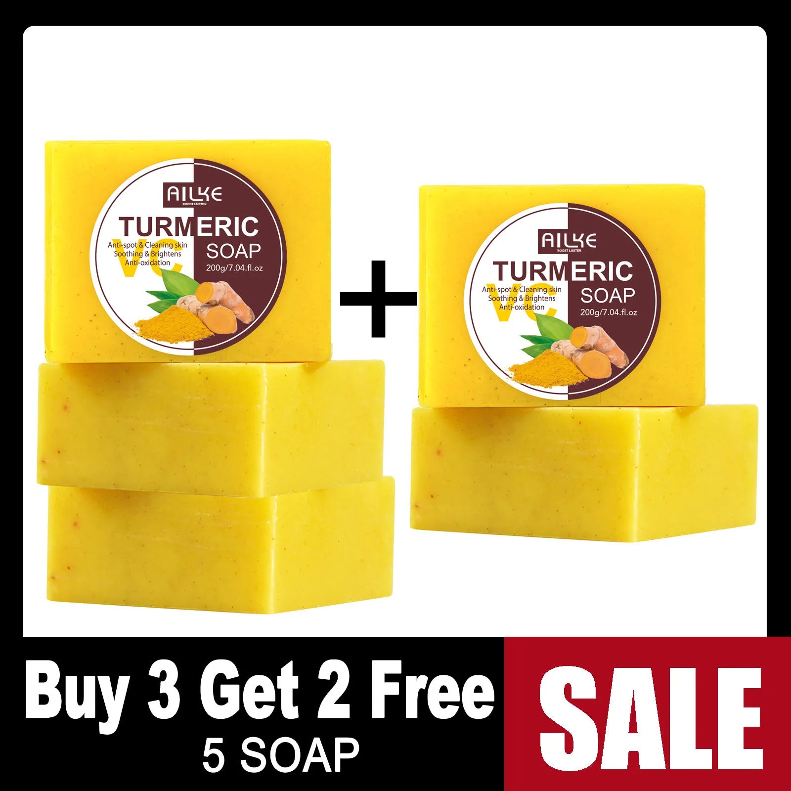 AILKE Natural Turmeric Bath Soap for Face, Body, Hands, Lightening, Cleaning, Even Skin Tone, Anti Dark Spots and Acne, 200g