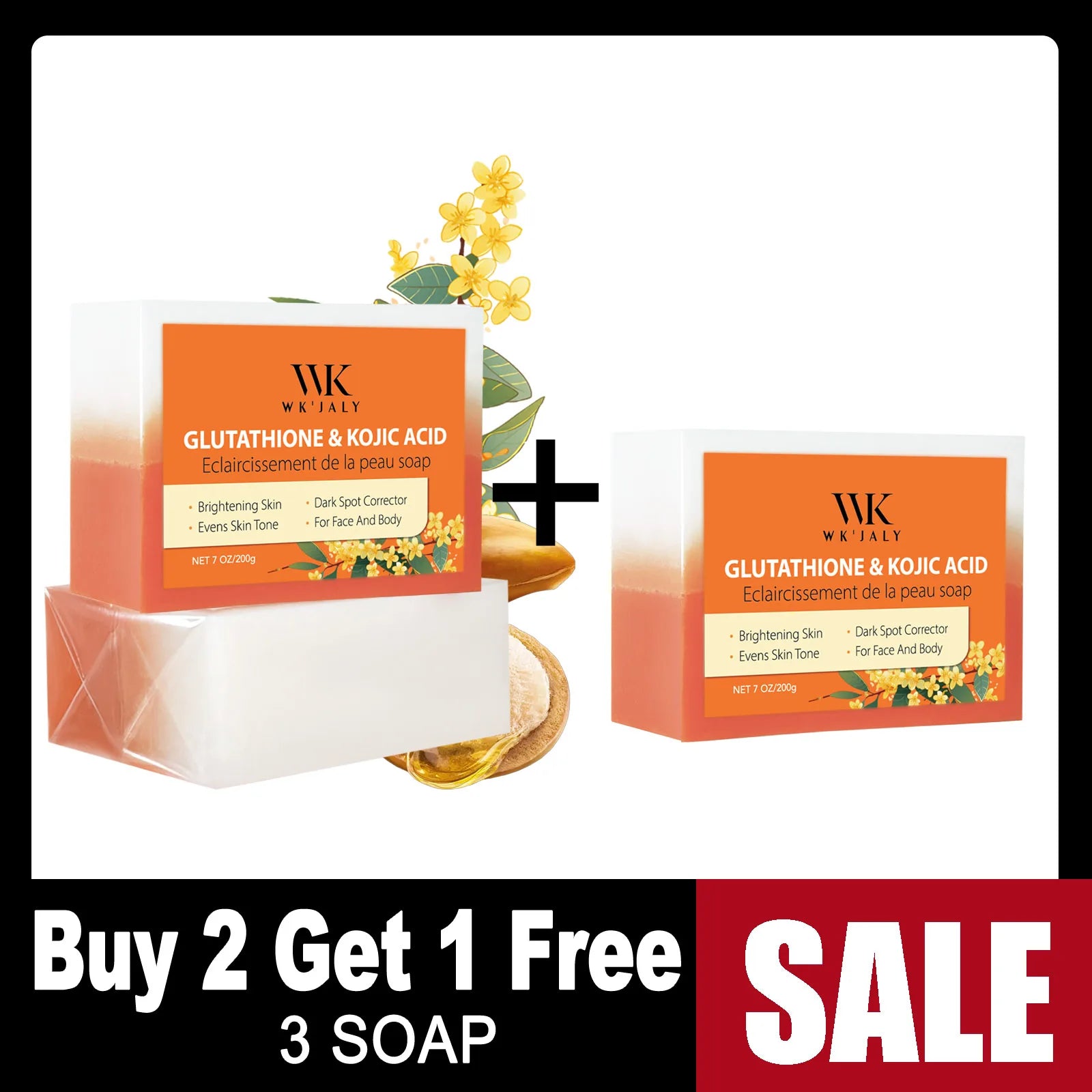 WK JALY Glutathione & Kojic Acid Brightening Soap, Clean Skin, Moisturizing, Reduce Black Spots, For All Skin Types, 200g
