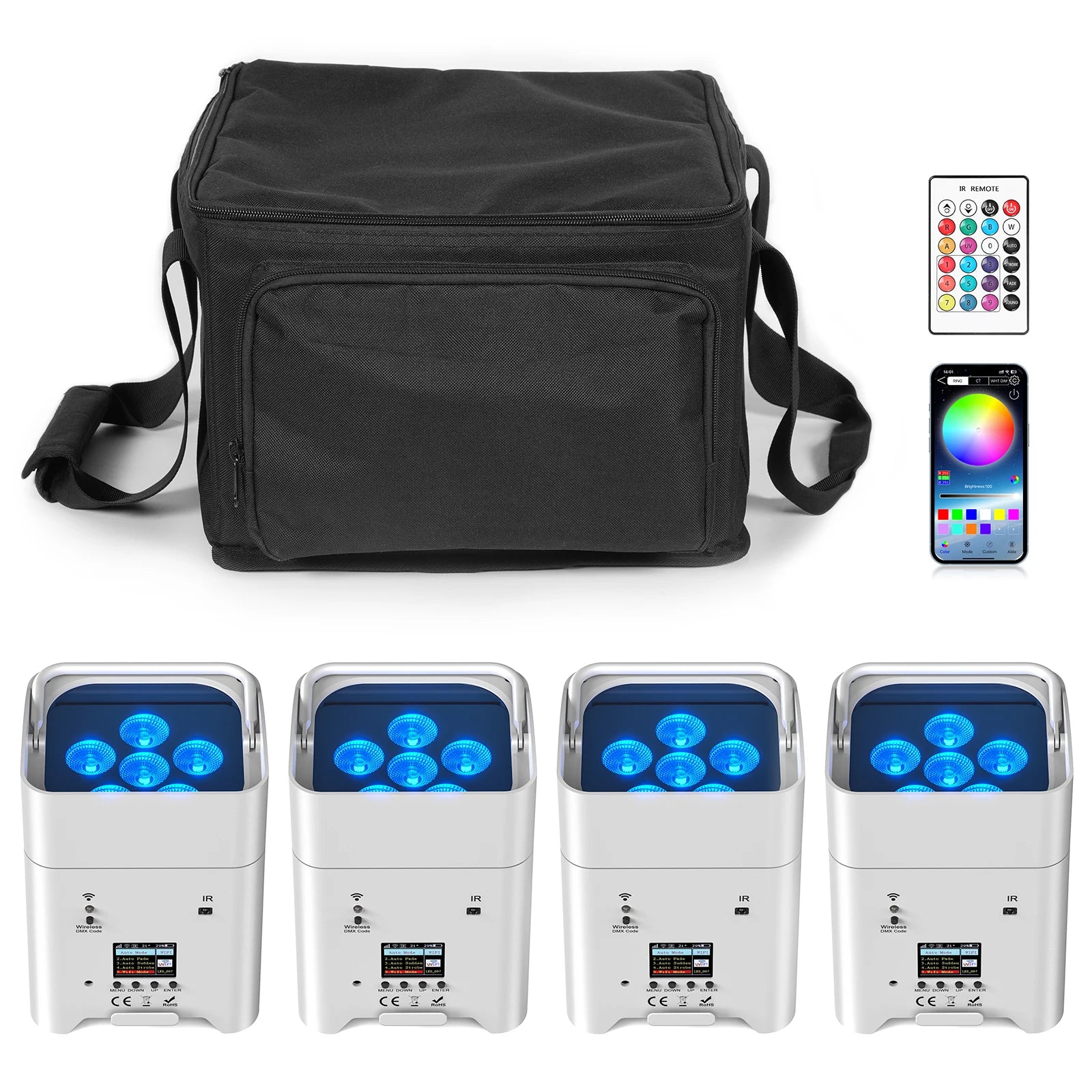 U'King 4PCS RGBWA+UV LED Par Light with Bag 6x18W DMX Stage Light Rechargeable Built-in Battery Wireless Par Light Dyeing Light