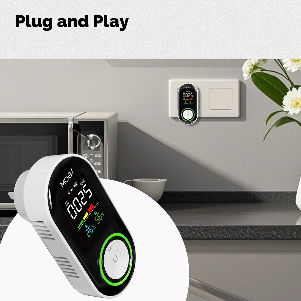 MOES CO Smoke Gas Detector Alarm Plug-in Carbon Monoxide Sensor Warning LED Display Temperature Humidity Kitchen Garage Boiler