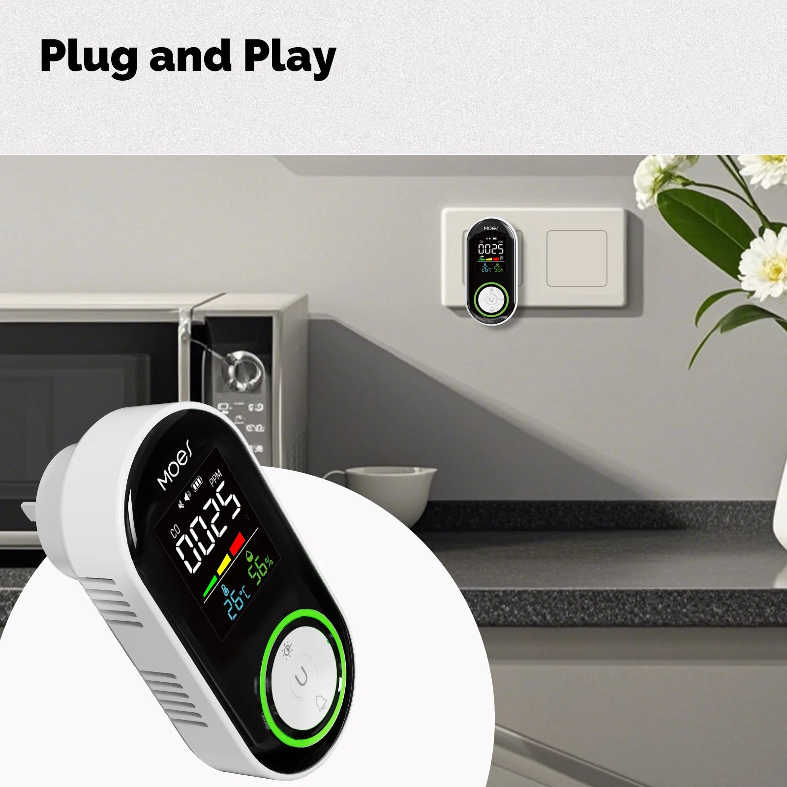 MOES CO Smoke Gas Detector Alarm Plug-in Carbon Monoxide Sensor Warning LED Display Temperature Humidity Kitchen Garage Boiler