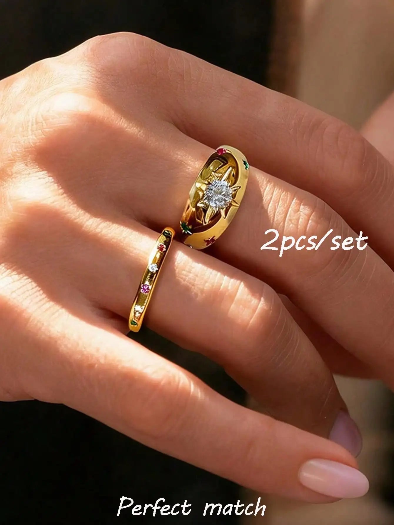 2pcs/Set Colorful Cubic Zirconia Gold-Tone Waterproof Star Rings Set, Jewelry Gift  double rings for friend  jewelry Y2k fashion