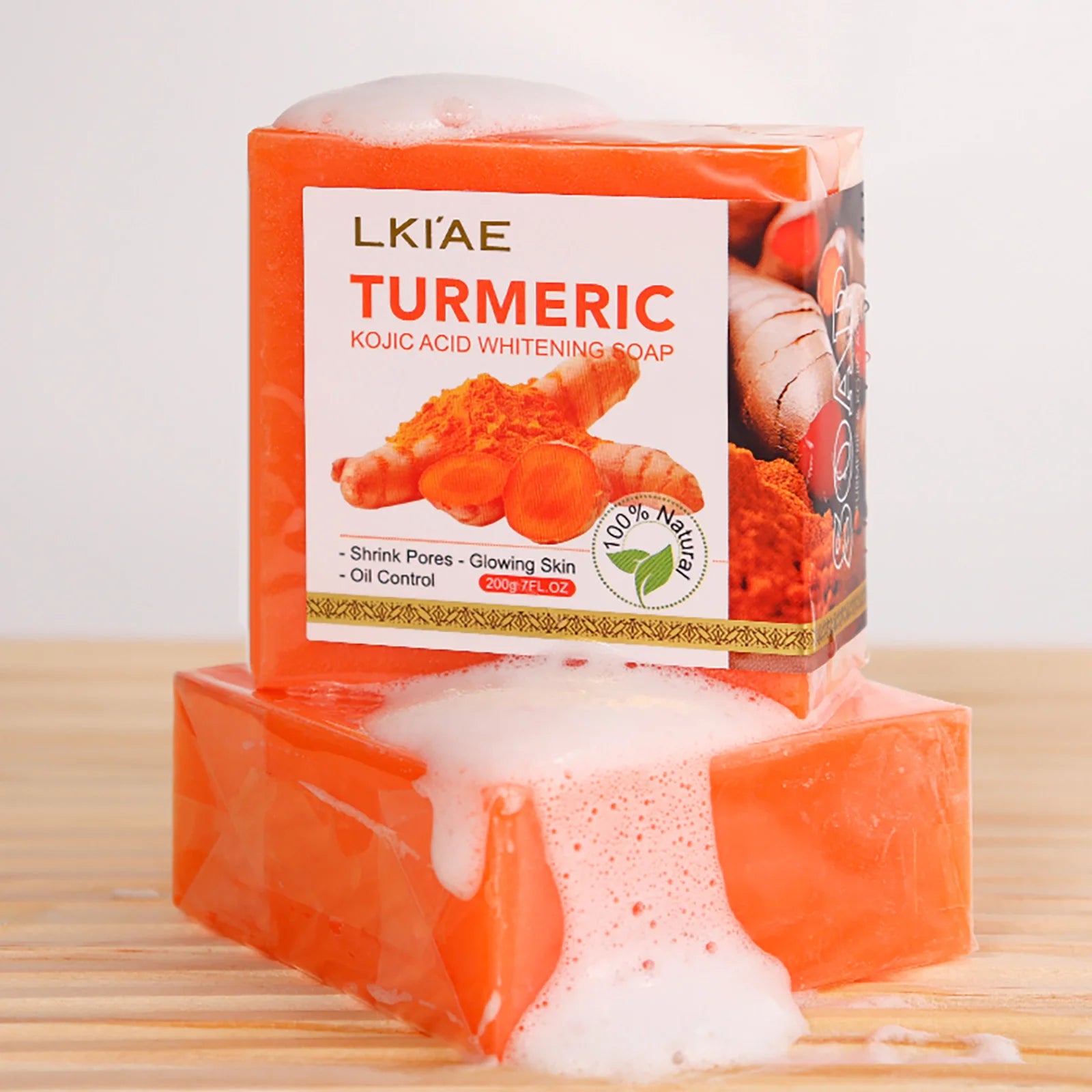 LKIAE Organic Turmeric Soap, Handmade, Whitening, for All Skin Types, Remove Black Spots, Melanin, Acne, For Face, Body, 200g