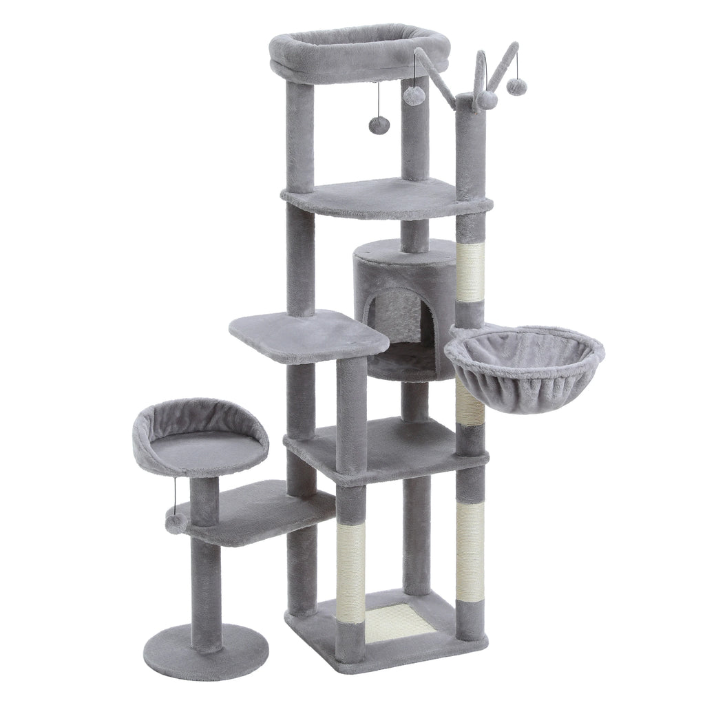 Multi-Level Cat Tree with Scratching Post Hammock Large Perches Hanging Balls Tall Cat Tower for Indoor Spacious Cat Condo House