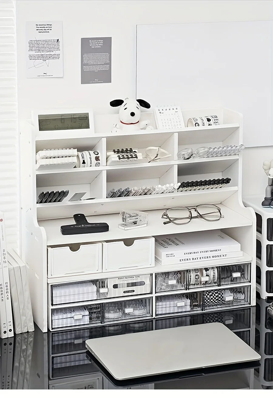 1PC 2-Tier Desk Organizer & Drawer Storage|With Tilt Pen Holder, Raised Bookshelf |Matte White PVC For Stationery, Cosmetics, O