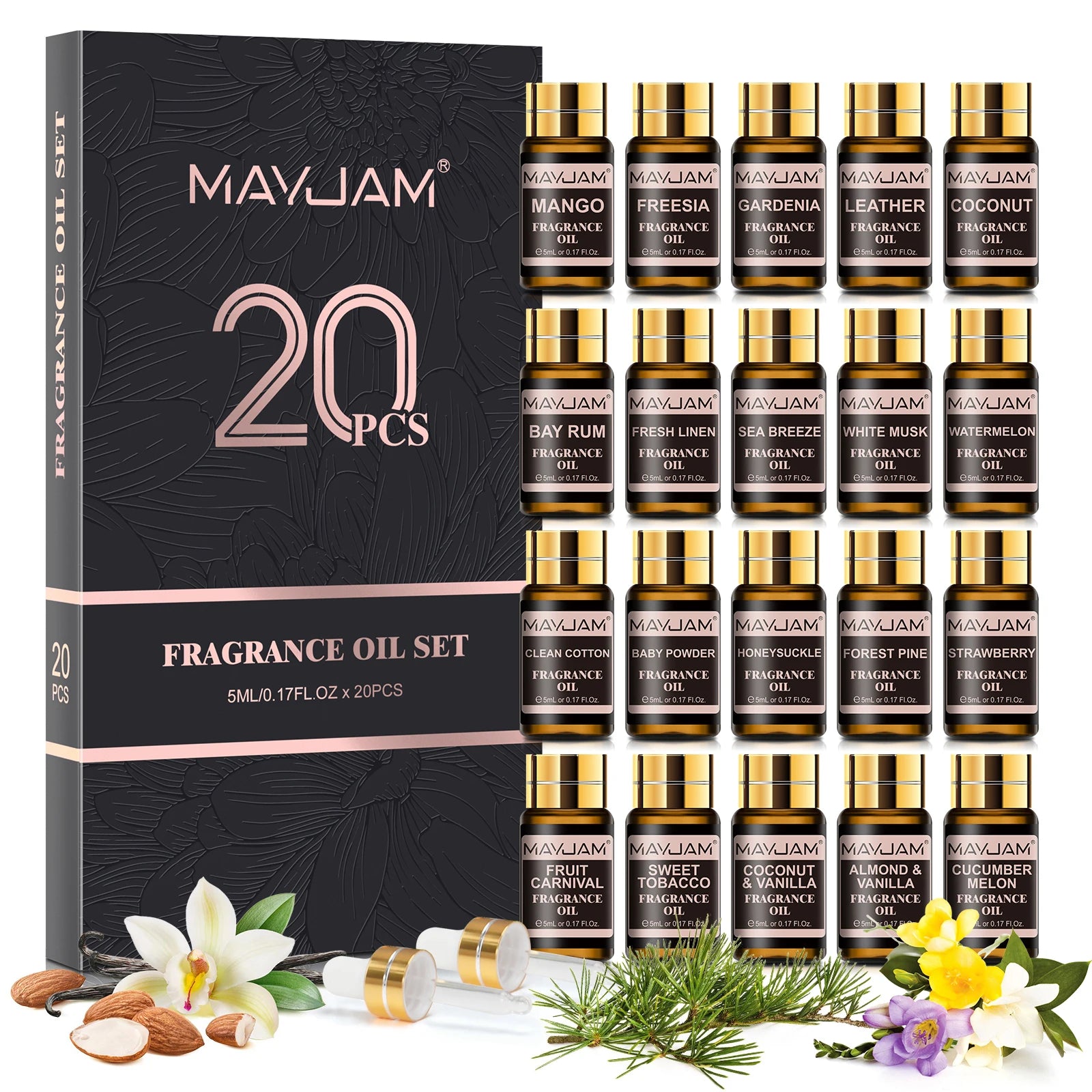 MAYJAM Fragrance Oils Kit 20pcs/set Coconut & Vanilla White Musk Watermelon Strawberry Oil for Humidifier Diffuser Candle Making