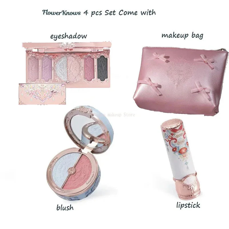 Flower Knows All In One Makeup Set Gift Box Garden Cushion Cream Foundation Matte Blush Long Lasting Velvet Lip Cream With Bag