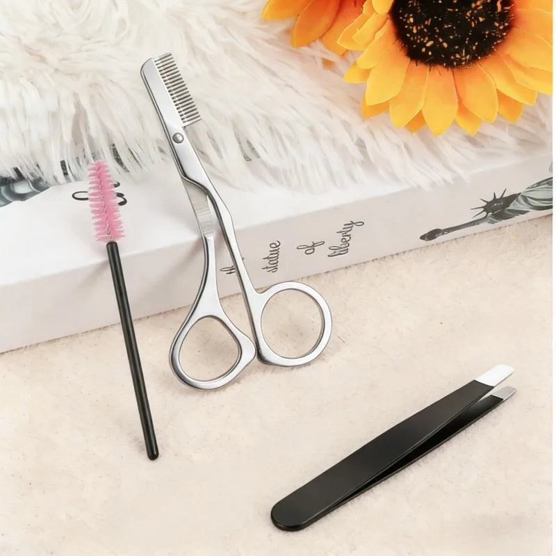 Stainless Steel Eyebrow Scissors with Eyebrow Comb Tweezers Makeup Scissors Eyebrow Trimming Knife Hair Remover Shaver Tool