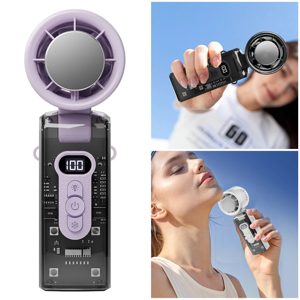 High Speed Turbo Fan with LED Light Rechargeable Foldable Personal Cooling Fan LED Display Folding Travel Fan for Outdoor Travel
