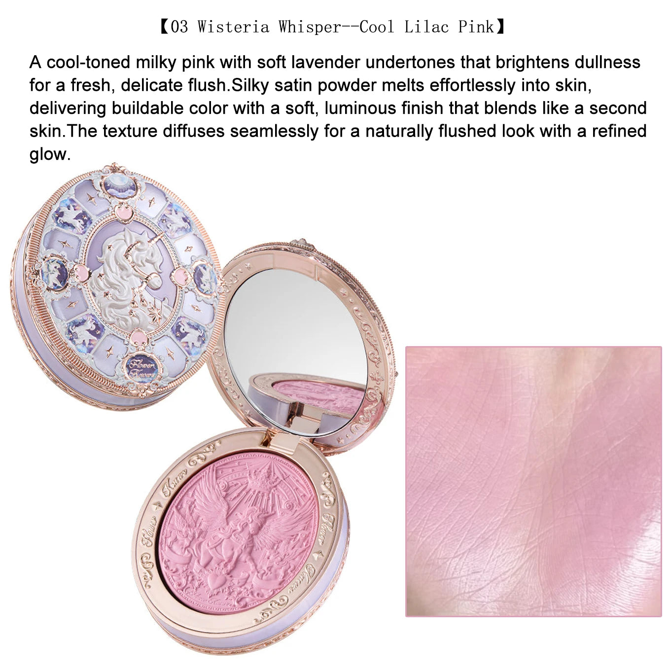 Flower Knows Knight Unicorn Satin Blush Silky Powder Melts Into Skin Long Lasting High Pigment Shimmer Natural Flushed Makeup