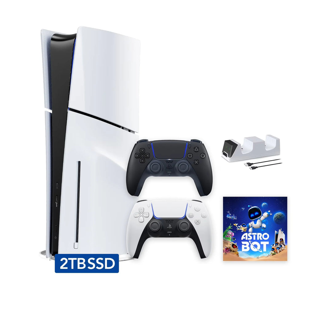 PlayStation 5 Slim Disc 2TB SSD ASTRO BOT Bundle with Two Controllers White and Midnight Black DualSense and Charger