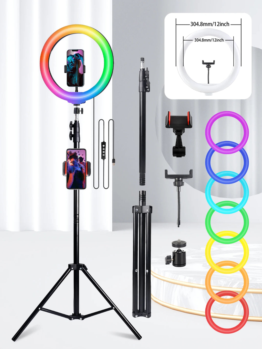 A 10 Inch Professional Selfie Ring LED Light, USB Powered,160cm Tall Stand, 38-Color RGB, Live Streaming, Makeup Fill Lights