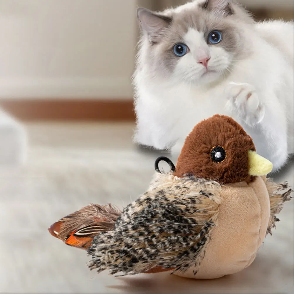 Interactive Cat Toys Flying Bird Cat Toy Flapping Wings Sparrow Catnip Toy Electric Squeaky Simulation Bird Plush Toy for Cats
