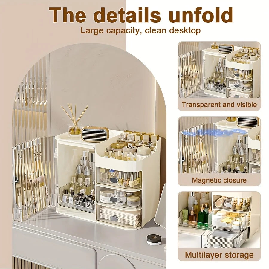 Beige Cosmetic Storage Box with 3 Drawers and Mirror High Capacity Makeup Organizer for Home and Bathroom