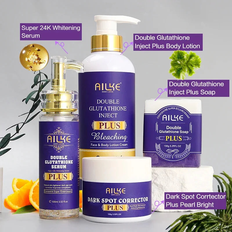 AILKE Double Glutathione PLUS Whitening Skin Care Set, Moisturizing, Reduce Dark Spots, Freckles, Melasma, Hyperpigmentation