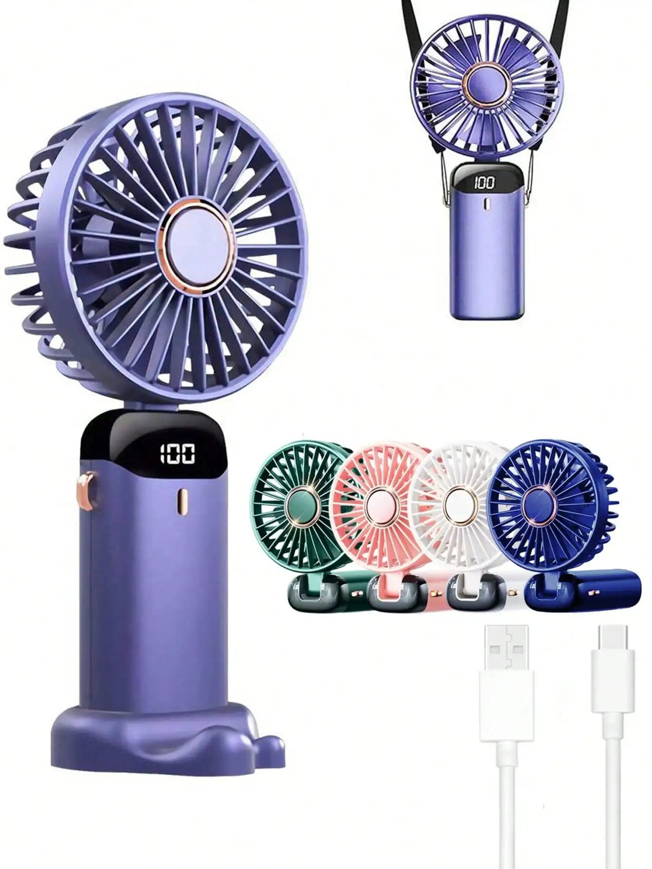 1pc Mini Handheld Electric Fan, USB Rechargeable Portable Fan, 5 Wind Speeds, Digital Display, Neck Strap, Foldable Desk Fan With Stand, Suitable For Office, Dorm, Outdoor, Travel, 800mAh