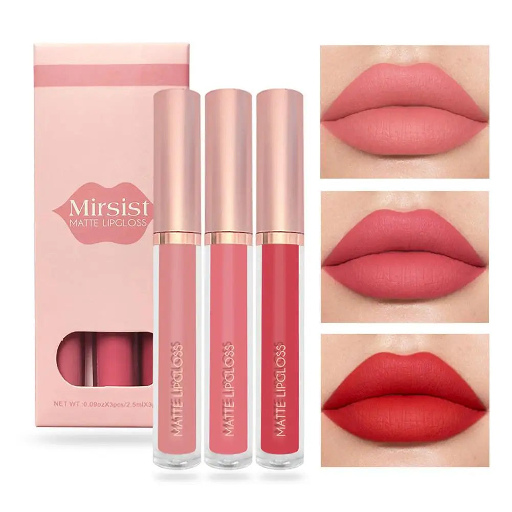 3pcs/set Nude Lip Gloss Matte Velvet Lipstick Waterproof Long-lasting Liquid Lipstick Women Moist Lip Tint Non-Stick