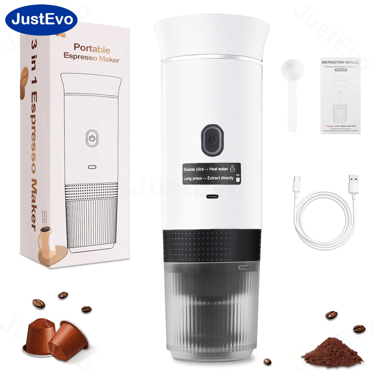 JustEvo Portable Espresso Machine 3-In-1 Travel Coffee Maker Compatible With Small Large Capsules And Ground Coffee Compact Electric Brewer For Car RV Camping Office Outdoor Your Mobile Coffee Shop