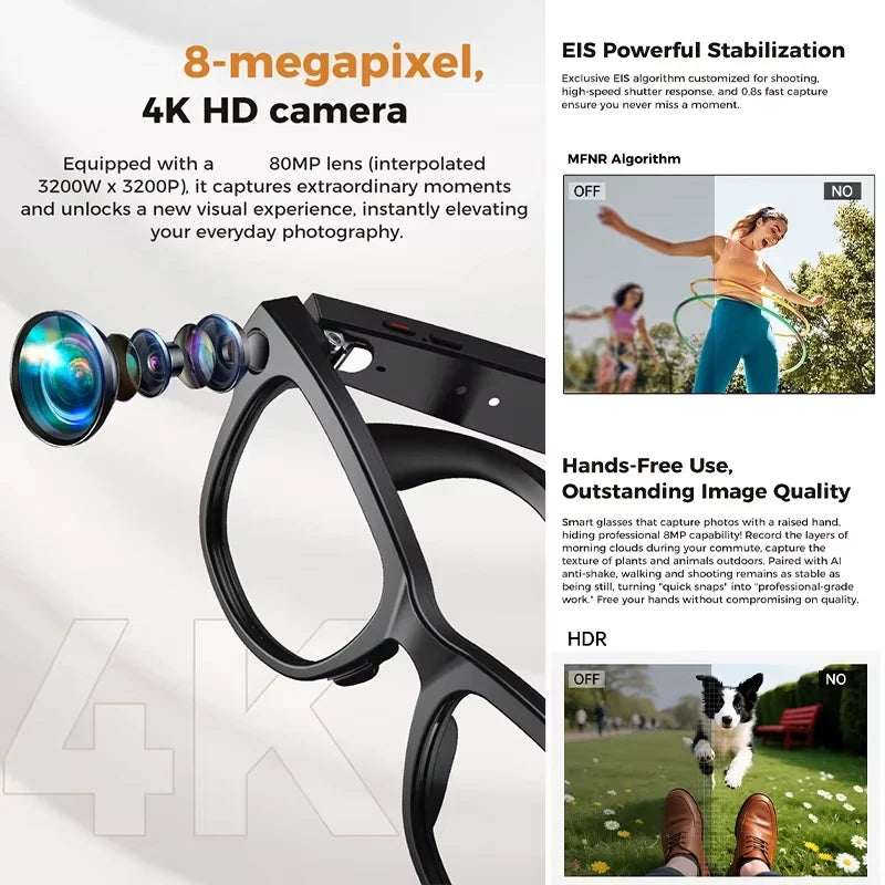 2026 New 32G Memory 800W 4K Camera Smart Glasses Men Photos&Videos 3600mAh Power Bank 120+Languages Translation AI Glasses Women