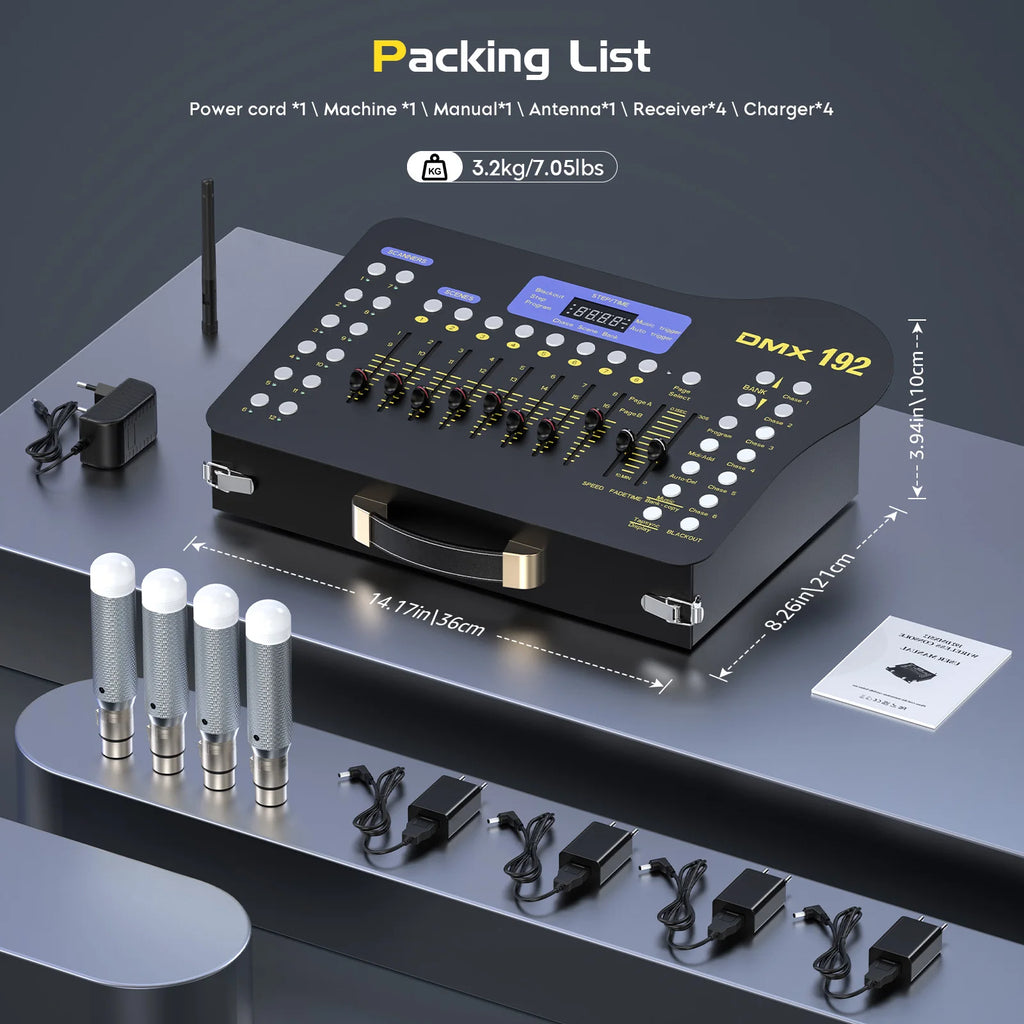 U'King Wireless DMX 512 Console&MIDI Operator 192 Channel Light Controller with Drawer Transmitter&4 Rechargeable Receivers