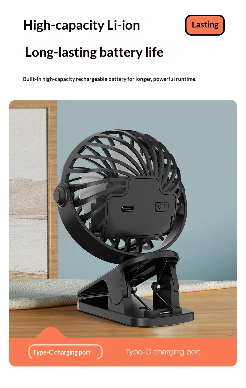 HOMEFISH Portable Rechargeable Clip Fan 720° Rotatable Hanging Fan with Night Light Air Cooler for Outdoor Camping Ventilador