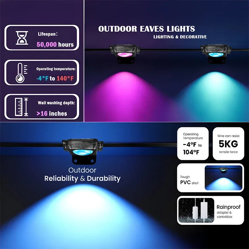 300FT Permanent Outdoor RGB Lights IP67 Waterproof Smart Eave Light DIY Scenes for House Roof Decor Christmas Holiday Daily