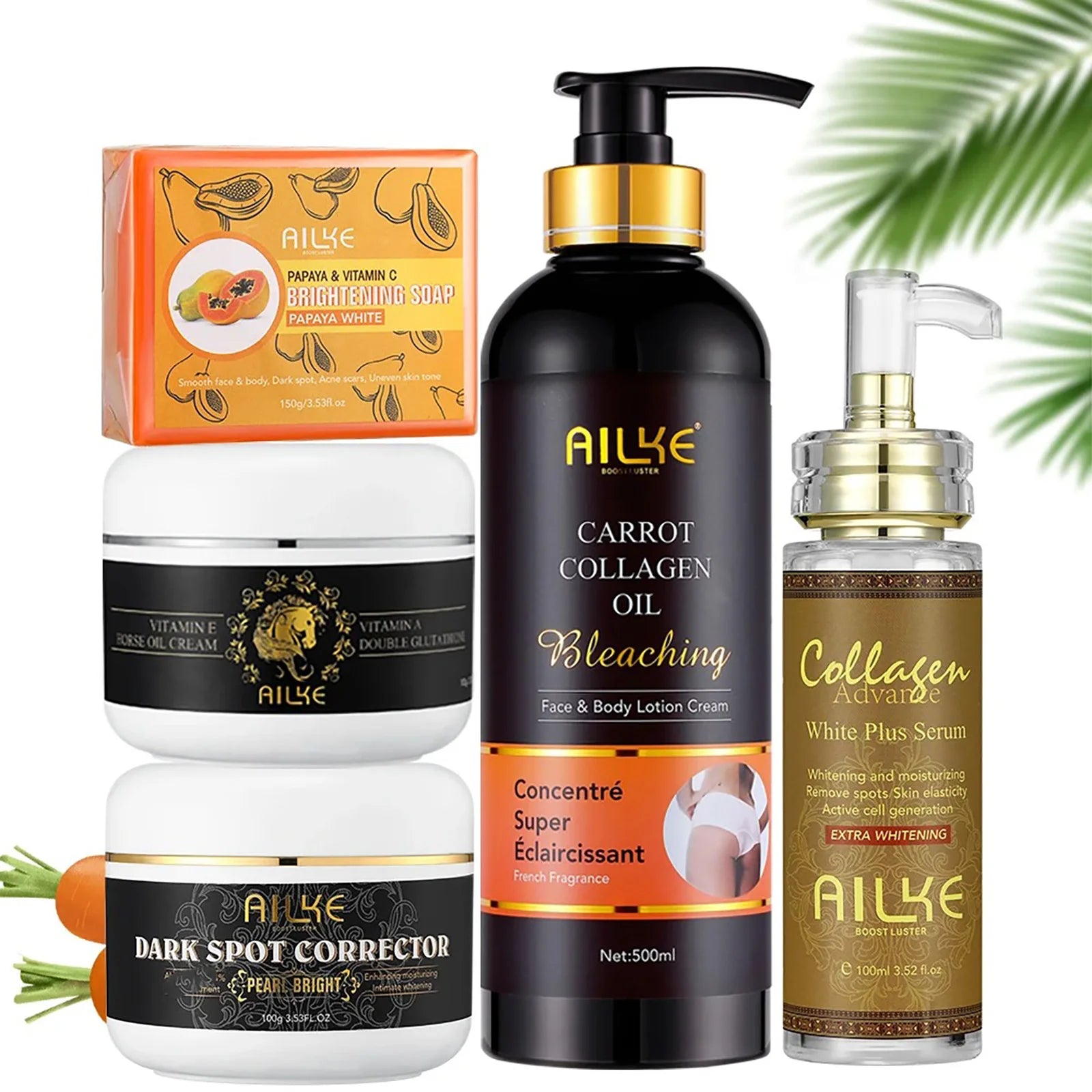 AILKE Whitening Skin Care Kit With Collagen, Natural Carotene, Moisturize, Reduce Dark Spots, Lightening, For All Skin Types