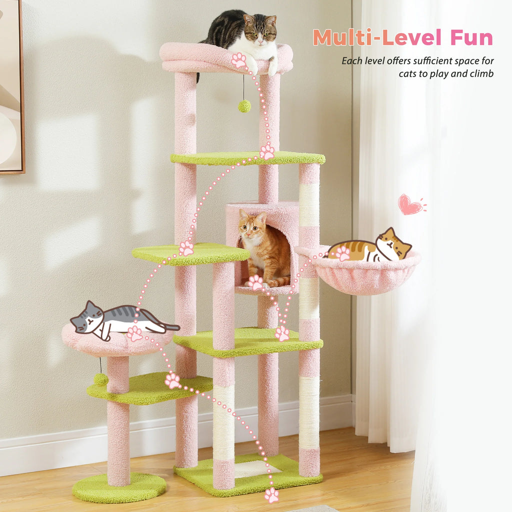 Multi-Level Cat Tree with Scratching Post Hammock Large Perches Hanging Balls Tall Cat Tower for Indoor Spacious Cat Condo House