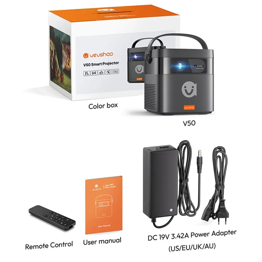 VEVSHAO V50 400ANSI DLP Projector Android 9.0 TOF Focus 3D Dual-band WiFi Bluetooth 5.0 15000mAh Battery Home Theater