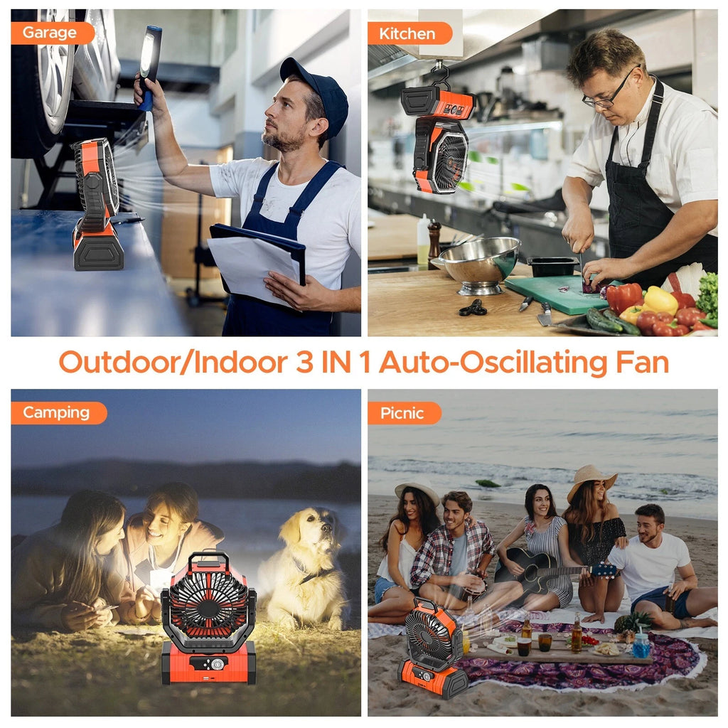 Camping Fan 20000mAh Battery Powered Fan Rechargeable with LED Light Portable Outdoor Tent Fan with Hanging Hook