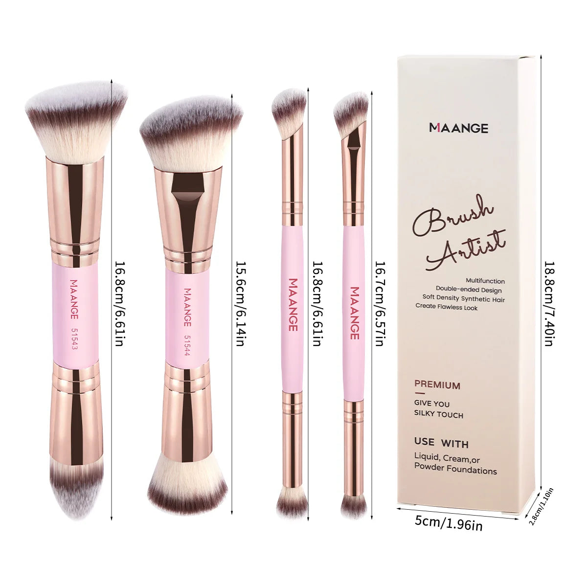 MAANGE 4pcs Dual-ended Basic Makeup Brushes Set with Foundation Powder Blush Details for Eyeshadow Brushes Beginner Travel Tools