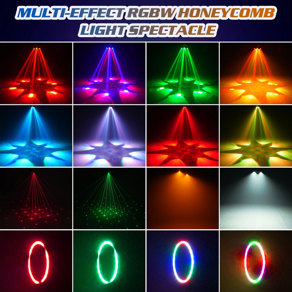 Fieryzeal 150W 6-Arm RGBW Beam Moving Head Light with Strip Effect Stage Light DMX512 Honeycomb Beam Strobe Effect for DJ Party