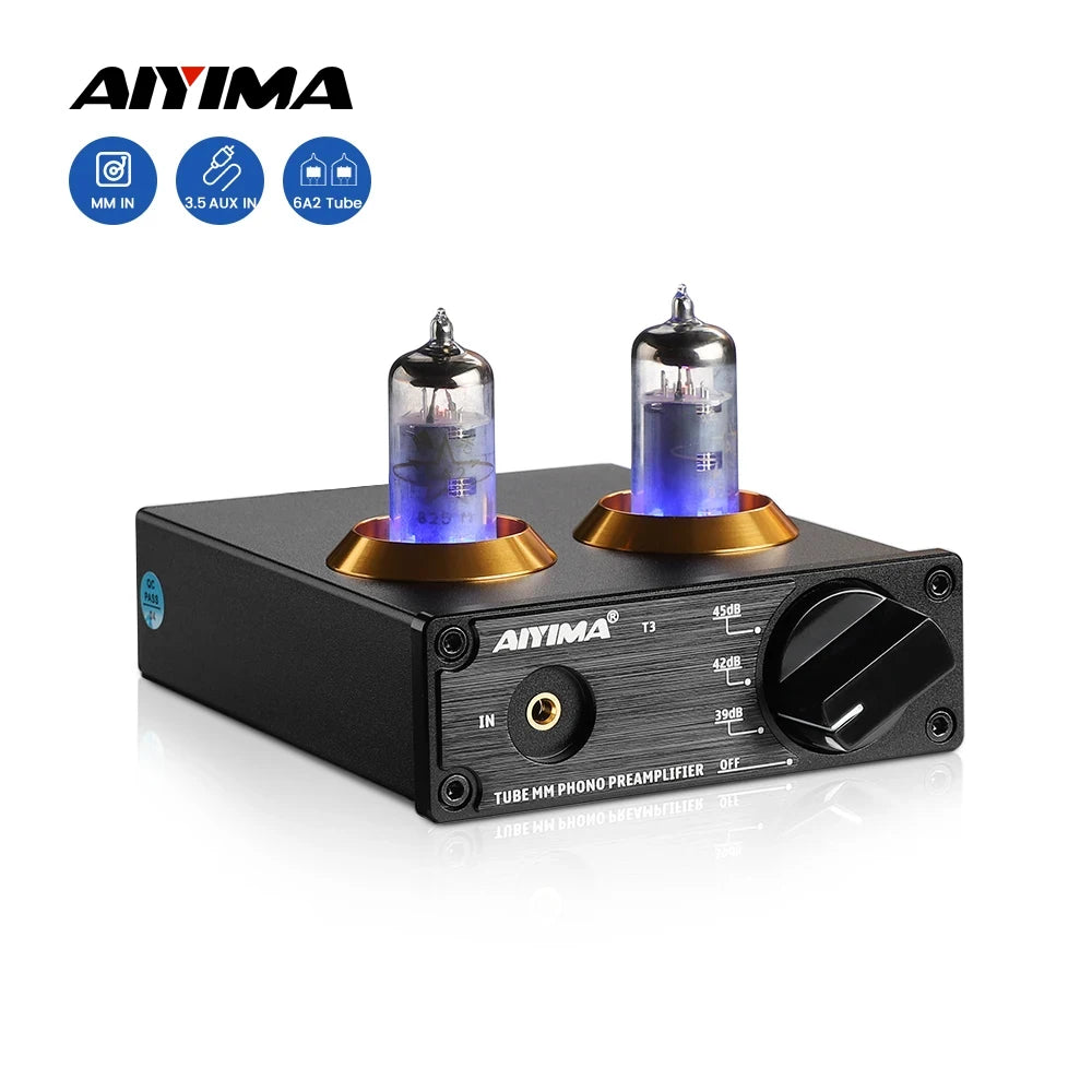 AIYIMA T3 HiFi Vacuum 6A2 Tube MM Phono Preamplifier Vinyl Record Player Stereo Tube Pre amp Amplifier Turntable Phonograph 12V