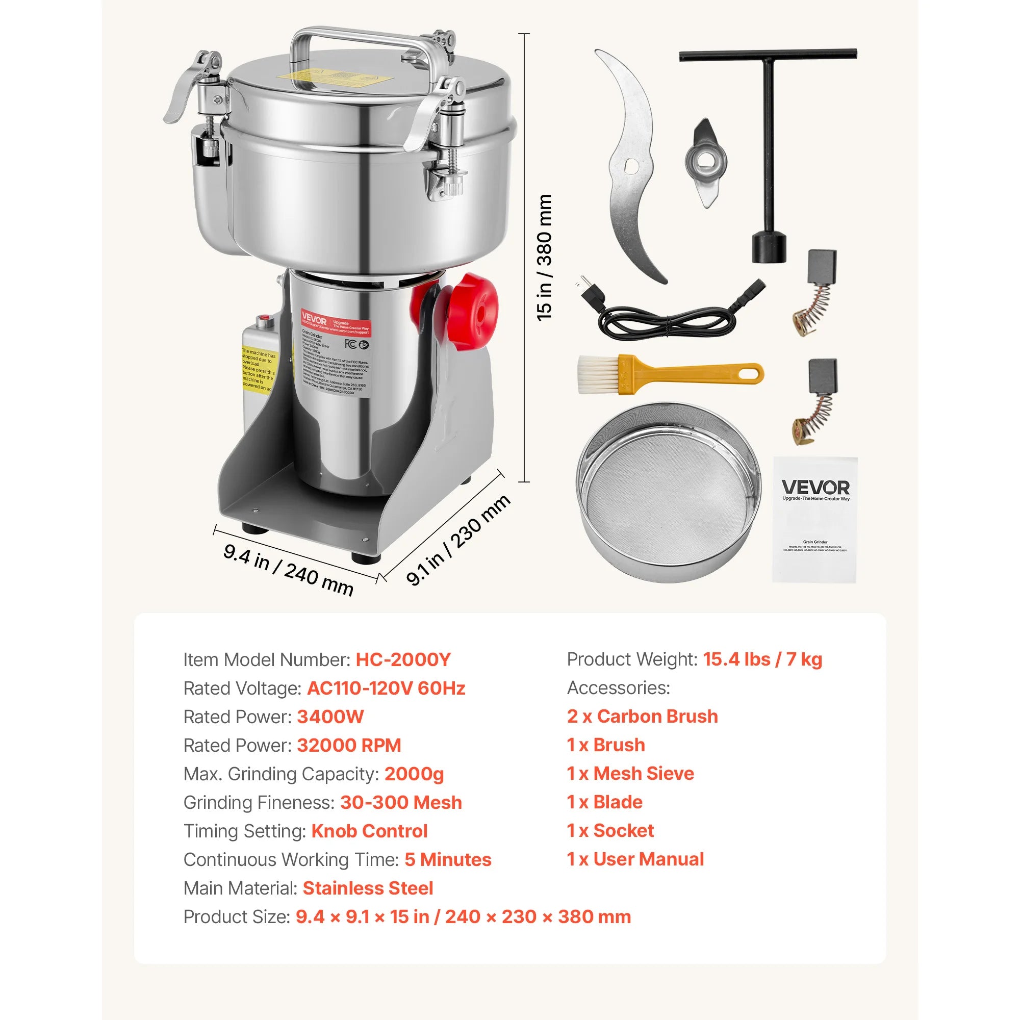 SucceBuy Electric Grain Mill Grinder 28000/32000RPM High Speed Stainless for Dried Grains Coffee Beans Spices 270° Swing Type