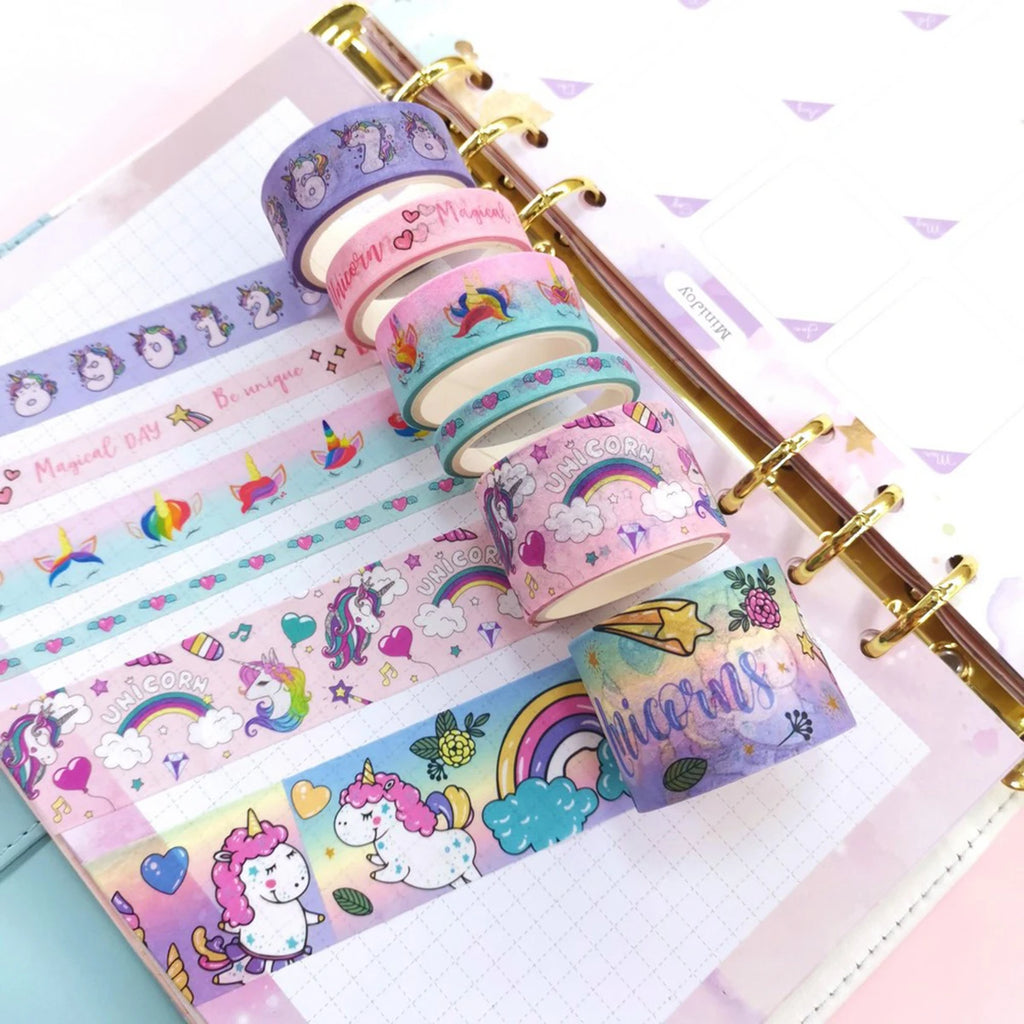 6-Volume Unicorn and Washi Tape Set, Cartoon Decorative Tape, for Journals and Planners, DIY Stationery, Handmade Gifts