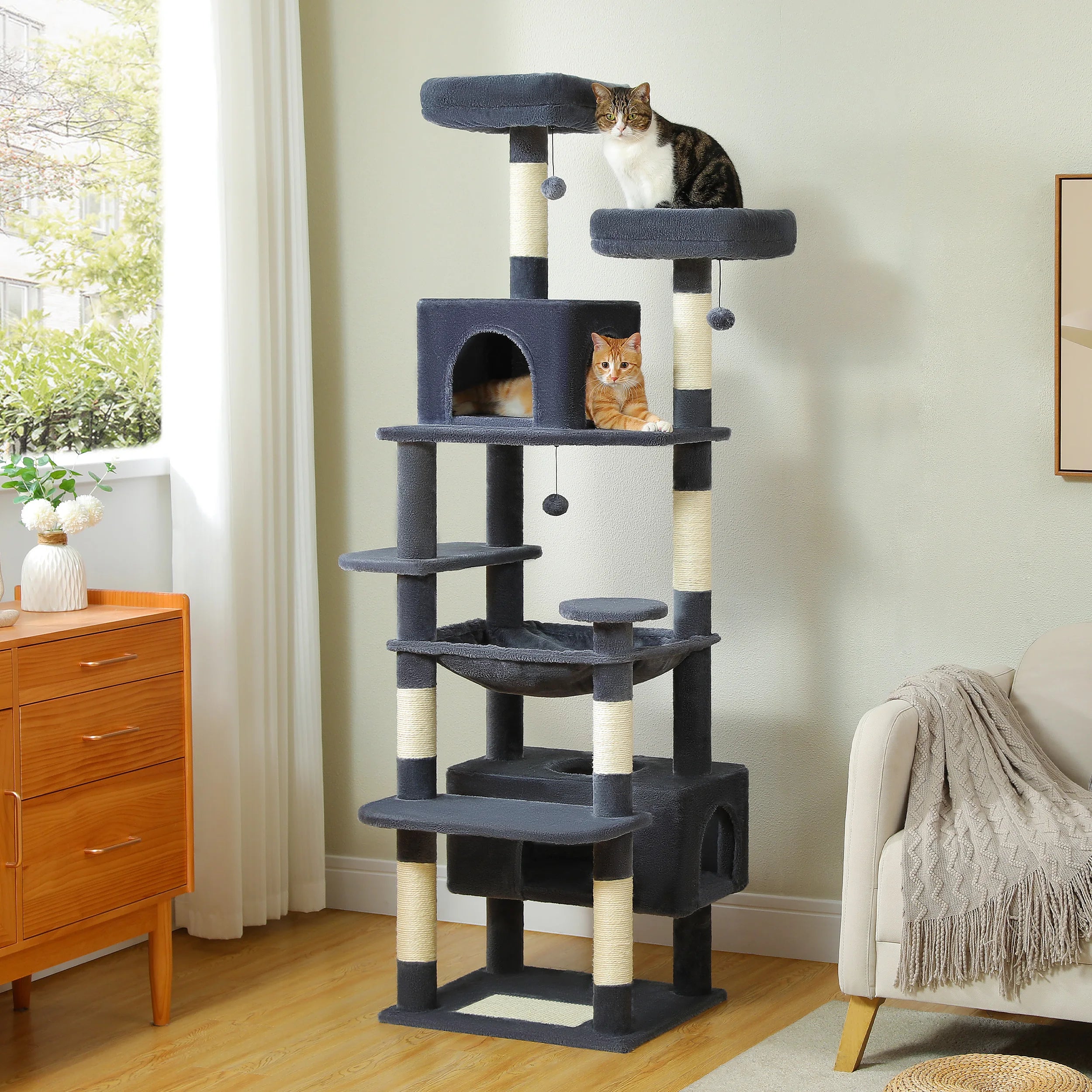 Sturdy Multi-Level Cat Tree Tower with Natural Sisal Scratching Posts,Cozy Hammock&Condo, Large Top Perch, and Fun Dangling Ball