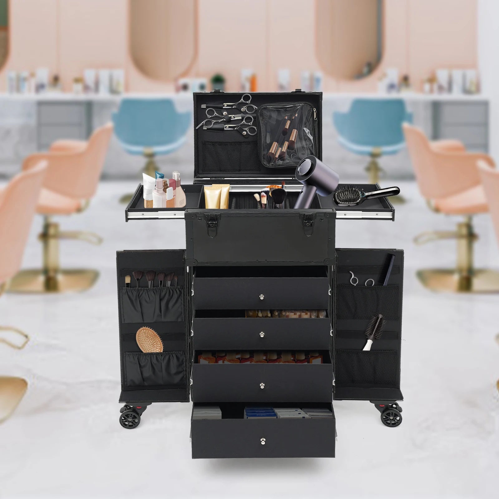 31.15inch Professional Rolling Makeup Case 4 Drawers Pro Makeup Artist Cosmetic Train Case Makeup Organizer Travel Case