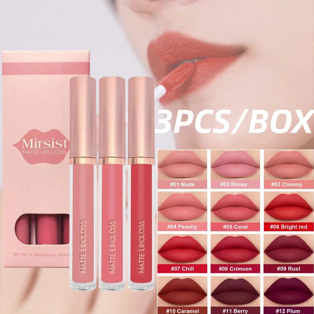 3pcs/set Nude Lip Gloss Matte Velvet Lipstick Waterproof Long-lasting Liquid Lipstick Women Moist Lip Tint Non-Stick